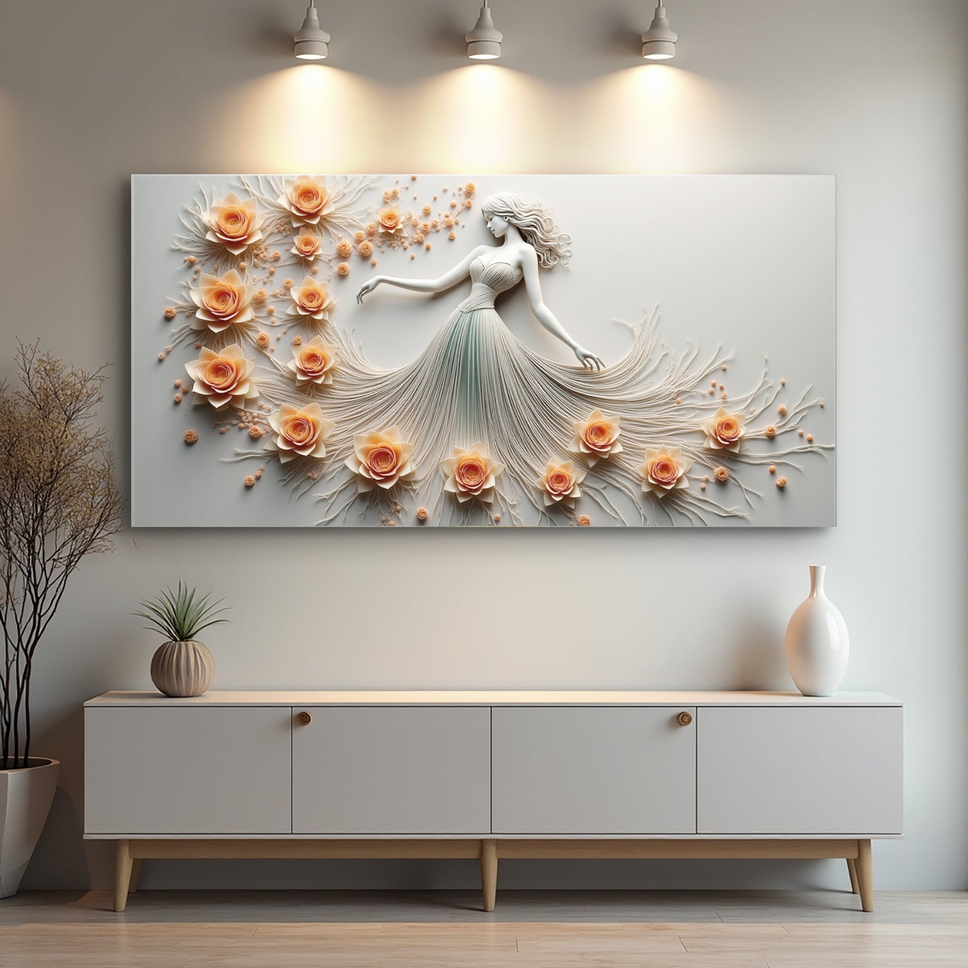 Modern minimalist woman dance wall art canvas with peach rose reliefs by Tailored Canvases on Tampa Home & Garden Store