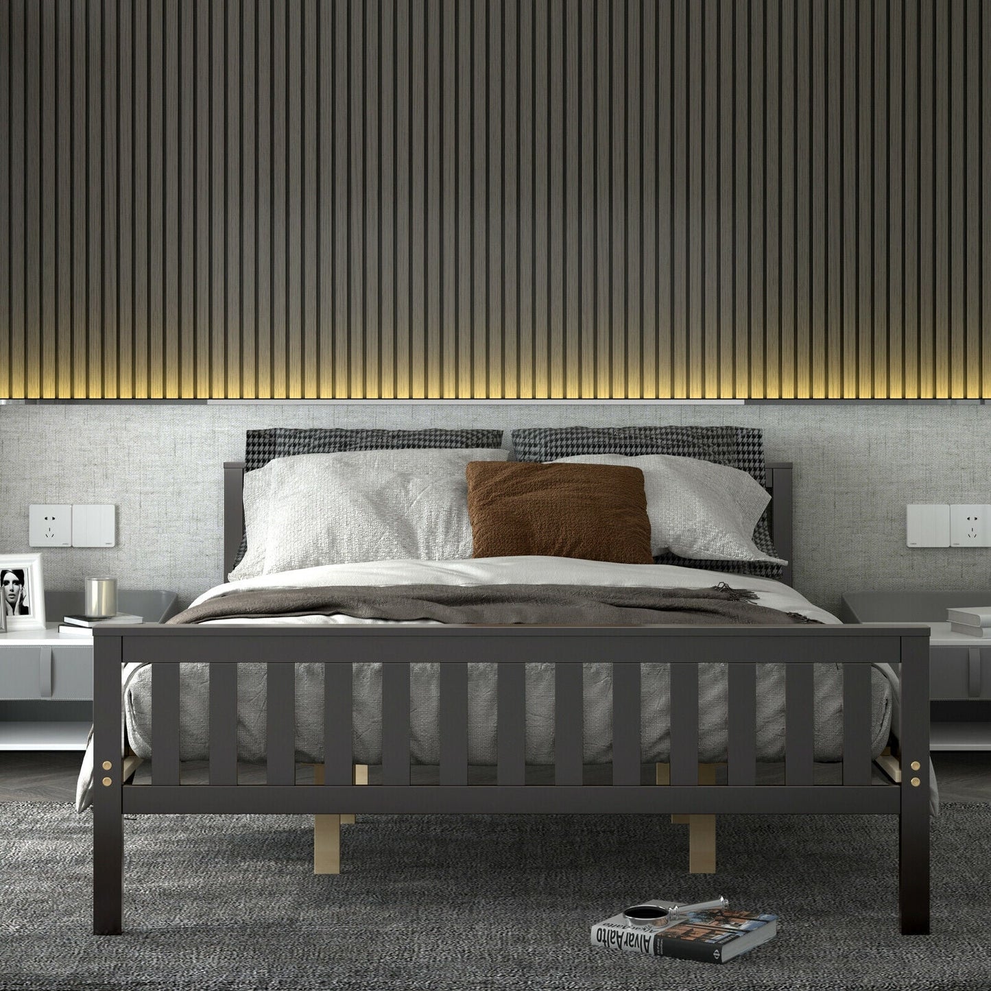 Cama Queen de Plataforma de Madera con Cabecero