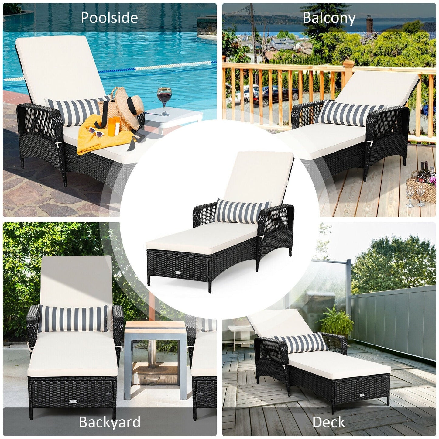 DirectDeals Patio Wicker Chaise Lounge Chair adjustable backrest, white cushion, black wicker on Tampa Home & Garden Store