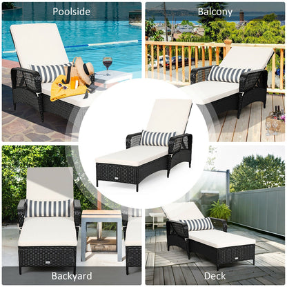 DirectDeals Patio Wicker Chaise Lounge Chair adjustable backrest, white cushion, black wicker on Tampa Home & Garden Store