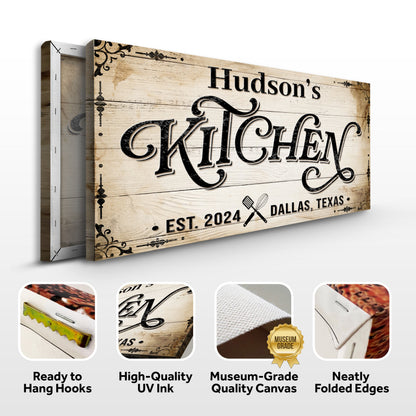 Kitchen Sign XI canvas wall art on rustic wood with Hudson's Kitchen Tailored Canvases on Tampa Home & Garden Store