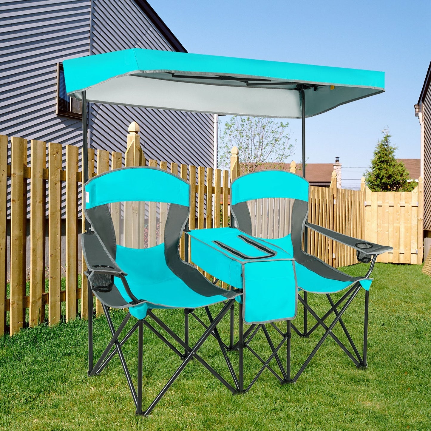 Portable folding camping canopy chairs by GemGear with cup holders in turquoise, set on Tampa Home & Garden Store