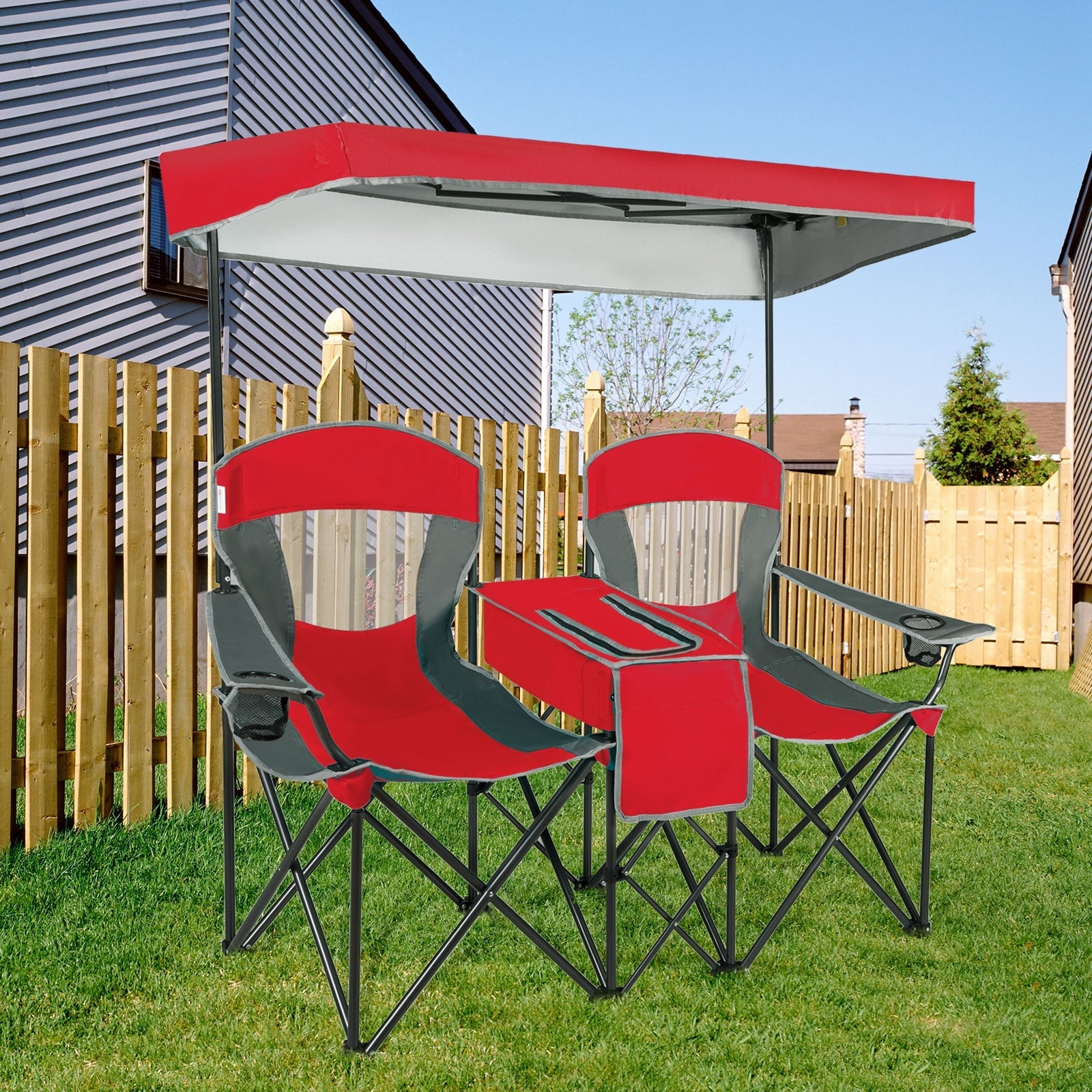 GemGear portable folding camping chairs with cup holders, red/gray fabric in a backyard on Tampa Home & Garden Store