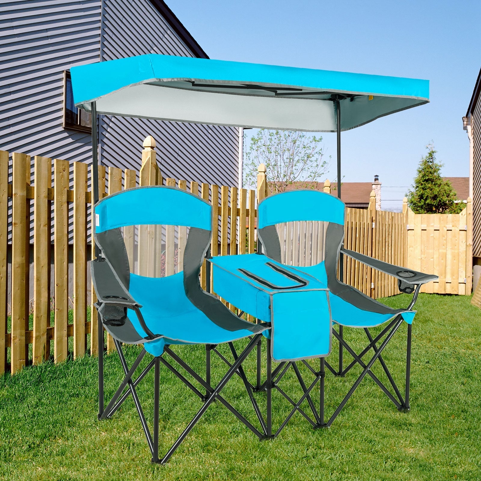 GemGear portable folding camping canopy chairs with cup holder, blue seats gray frames pair on Tampa Home & Garden Store