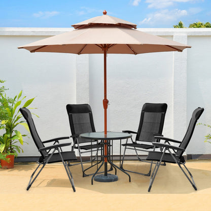 GemGear 6 black portable patio folding chairs with headrests around a beige umbrella on Tampa Home & Garden Store