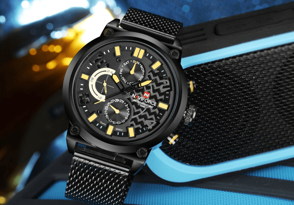 Men's multifunction analog quartz watch with black stainless mesh band and Naviforce dial on Tampa Home & Garden Store