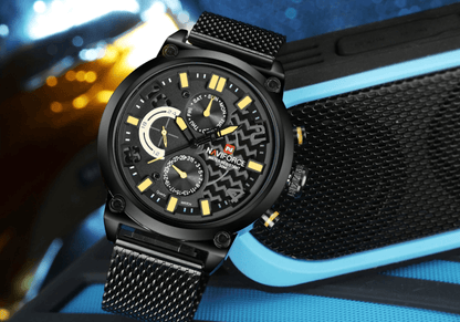 Men's multifunction analog quartz watch with black stainless mesh band and Naviforce dial on Tampa Home & Garden Store
