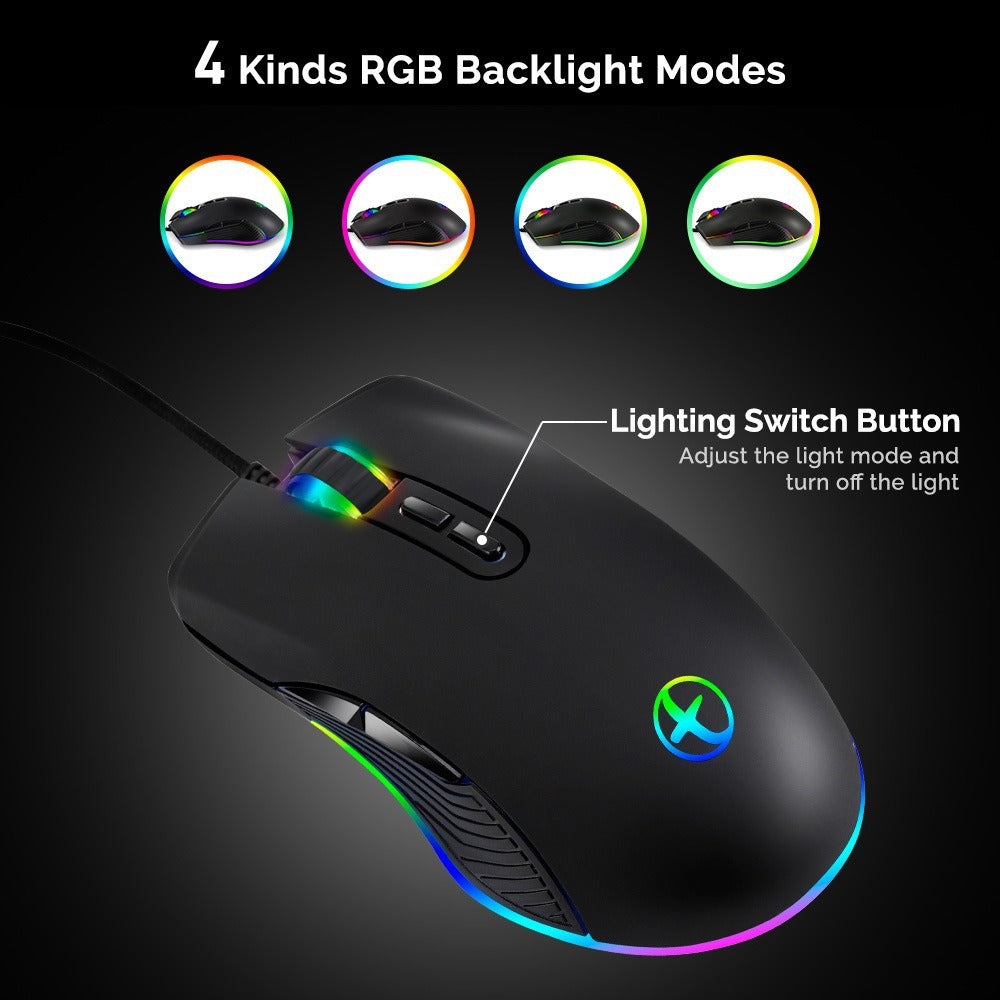Stevvex ergonomic wired RGB gaming mouse with adjustable DPI and backlit ring in black on Tampa Home & Garden Store