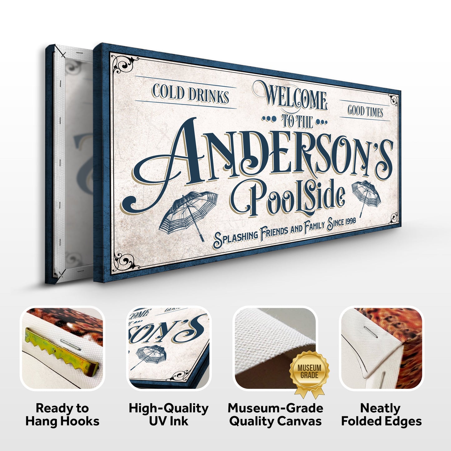 Personalized Pool Party Sign canvas by Tailored Canvases with navy vintage border on Tampa Home & Garden Store