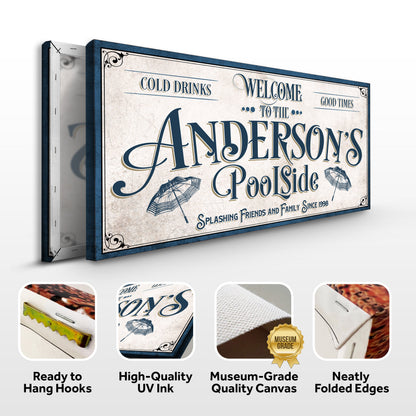 Personalized Pool Party Sign canvas by Tailored Canvases with navy vintage border on Tampa Home & Garden Store
