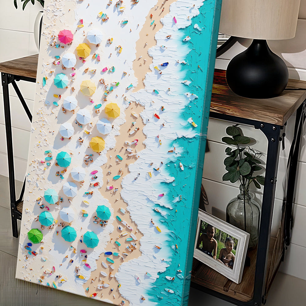 Beach Days Wall Art XXII canvas with a sandy beach, colorful umbrellas, and turquoise ocean on Tampa Home & Garden Store