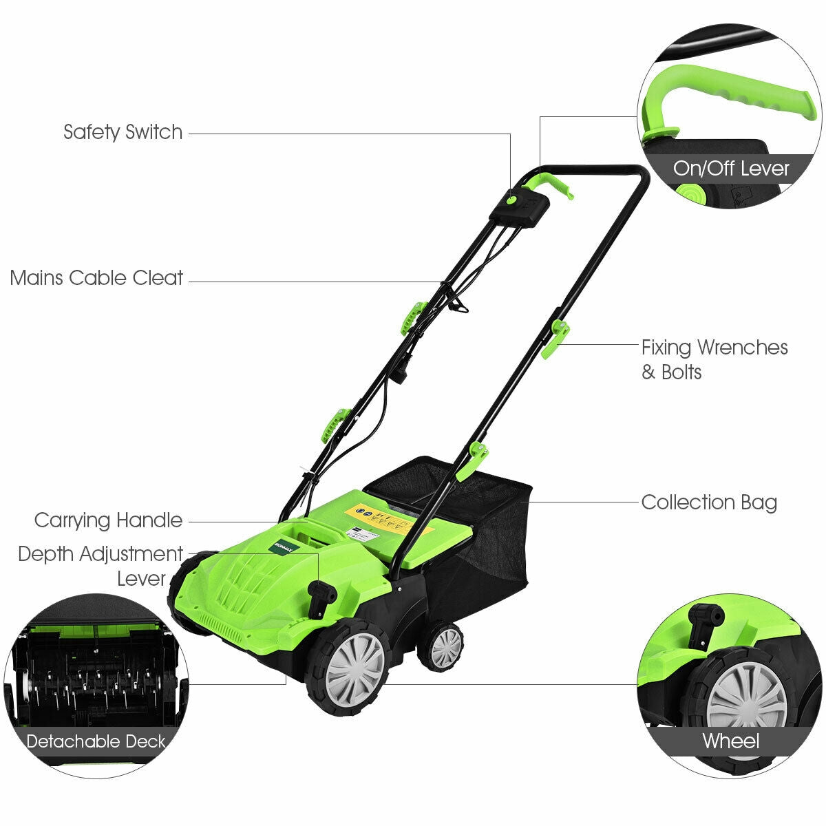 Escarificador eléctrico de 13 pulgadas y 12 amperios con bolsa recolectora y cuchillas extraíbles - Verde