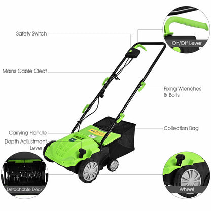 Escarificador eléctrico de 13 pulgadas y 12 amperios con bolsa recolectora y cuchillas extraíbles - Verde