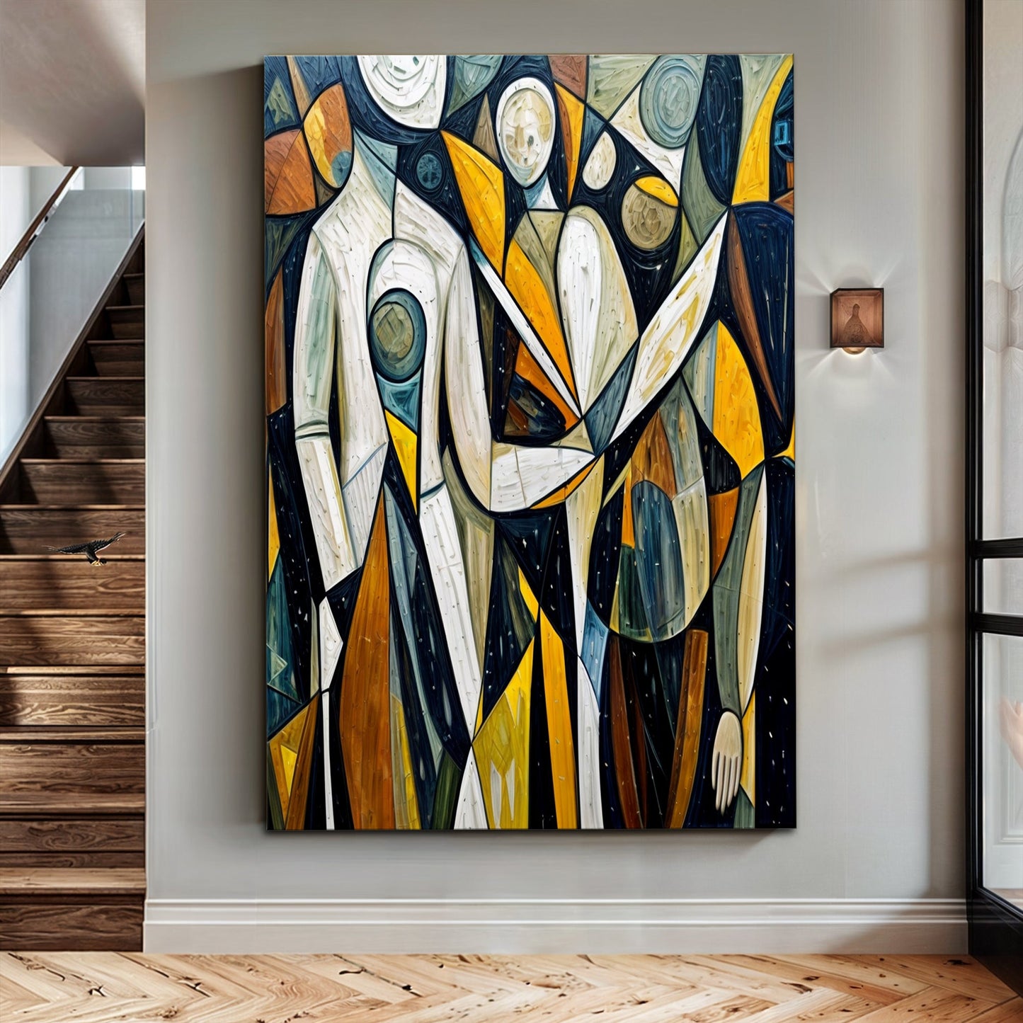 Abstract Human Connection Wall Art canvas by Tailored Canvases in bold yellows blues and whites on Tampa Home & Garden Store