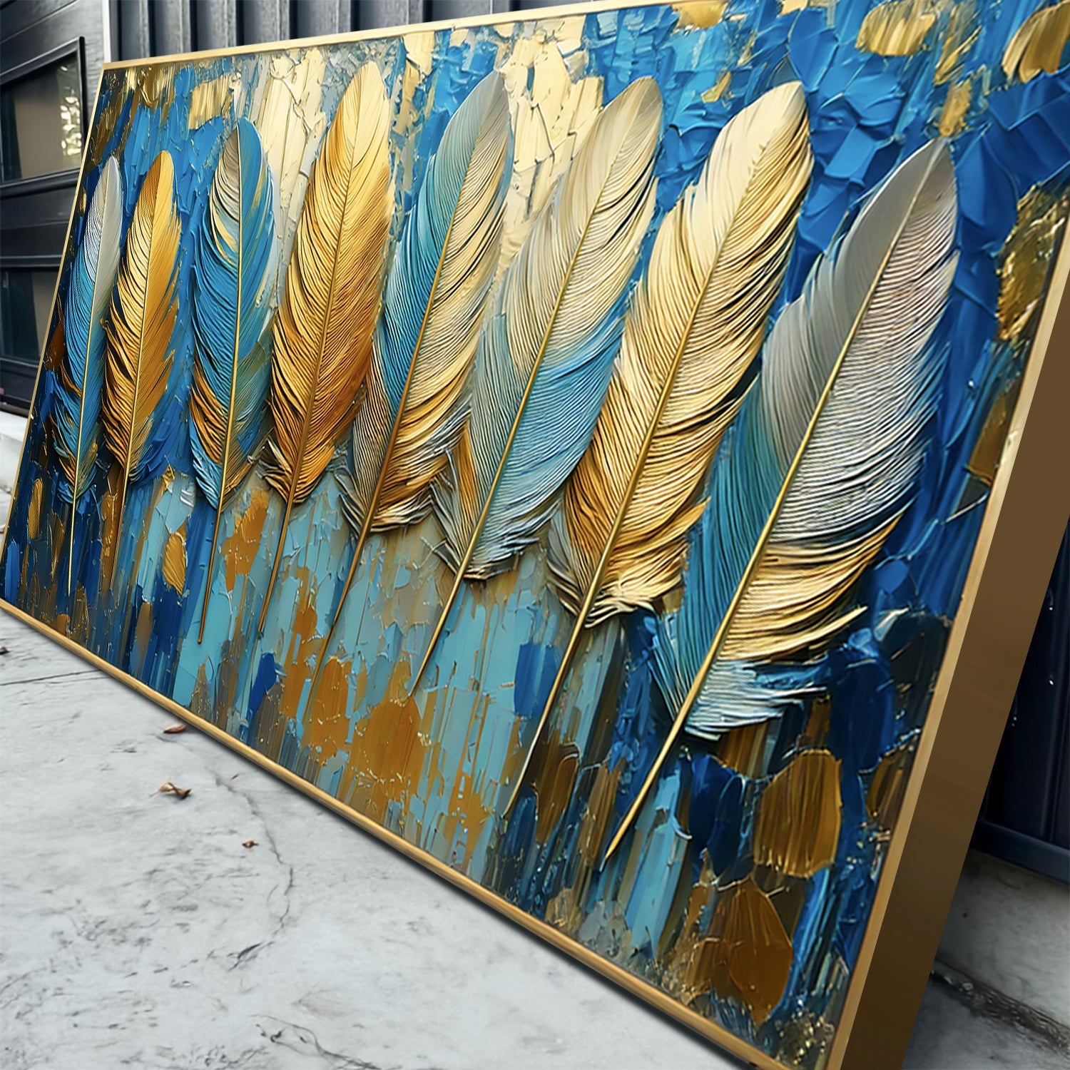 Confetti Sky Wall Art canvas with blue and gold feather motifs, gold frame by Tailored Canvases on Tampa Home & Garden Store