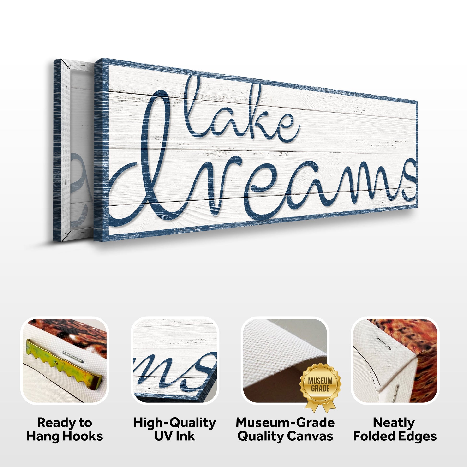 Lake Dreams Sign II canvas crafting sign with whitewashed planks and blue border on Tampa Home & Garden Store