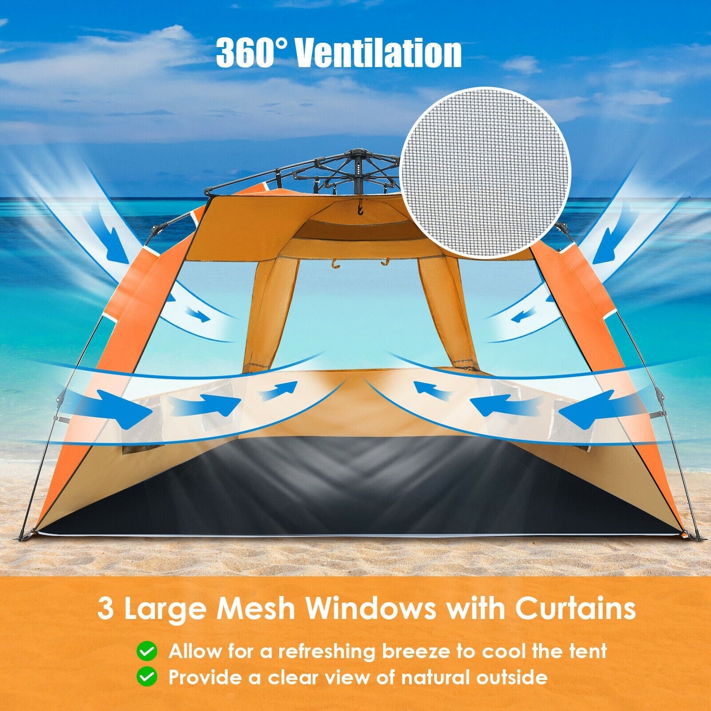 GemGear 3-4 Person Pop Up Beach Tent UPF 50+ bright orange sun shelter with 360° ventilation on Tampa Home & Garden Store