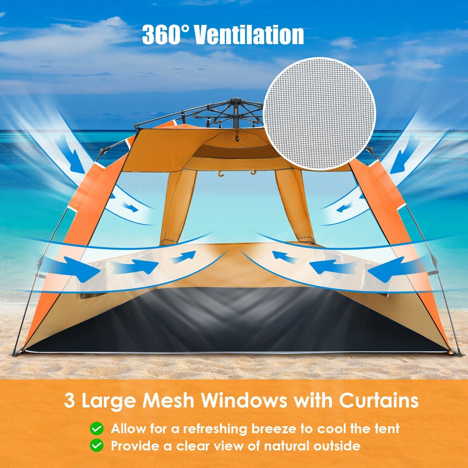 GemGear 3-4 Person Pop Up Beach Tent UPF 50+ bright orange sun shelter with 360° ventilation on Tampa Home & Garden Store