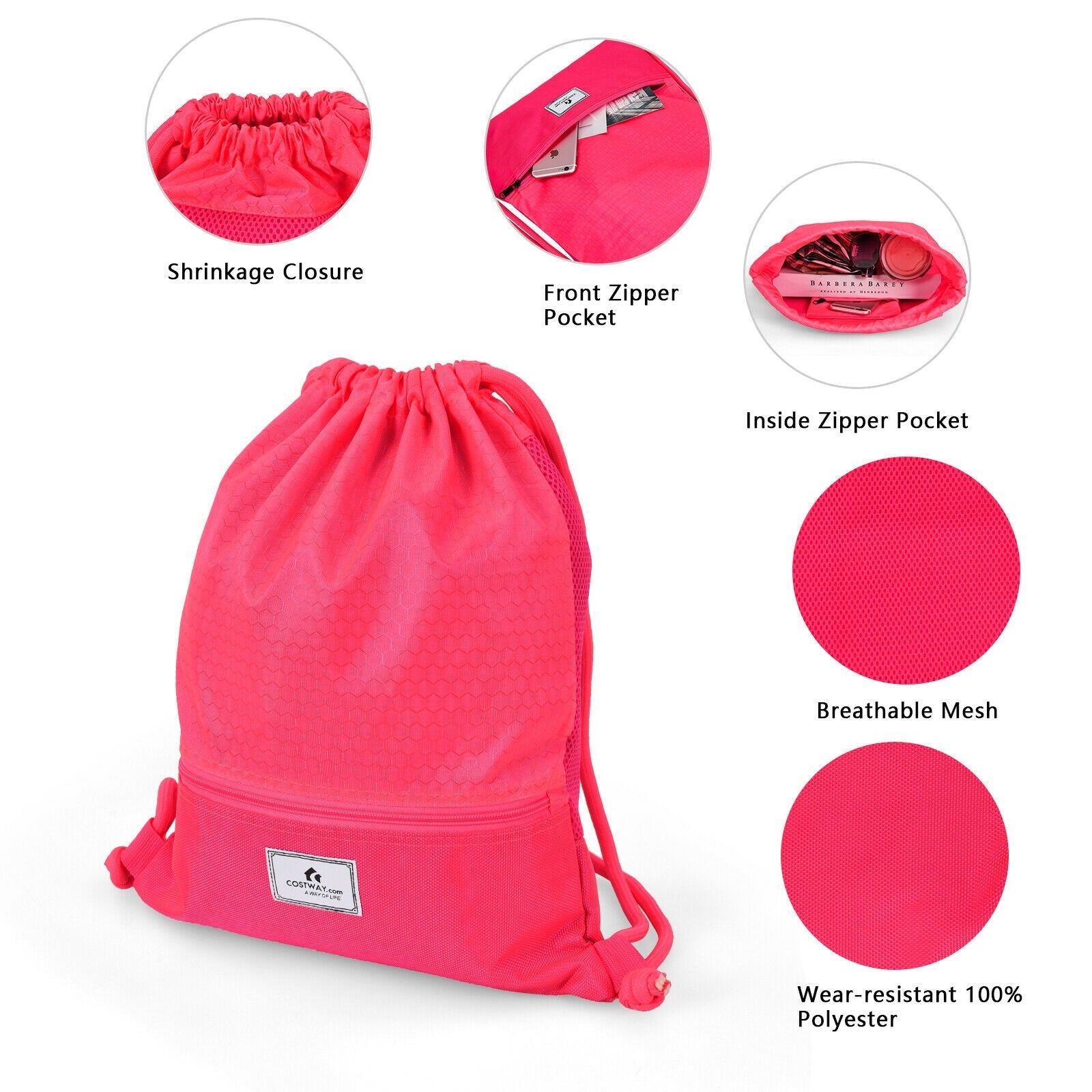 GemGear pink drawstring backpack with front zipper pocket on Tampa Home & Garden Store
