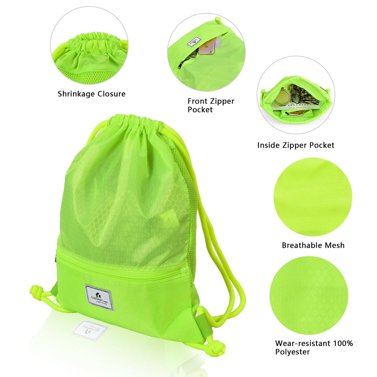 GemGear neon lime green drawstring backpack with front zipper pocket on Tampa Home & Garden Store