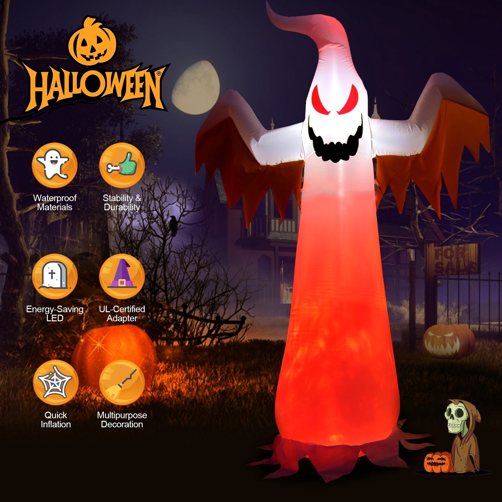 8 Feet Halloween Ghost Inflatable with Rotatable Flame LED Lights by DirectDeals, decor on Tampa Home & Garden Store