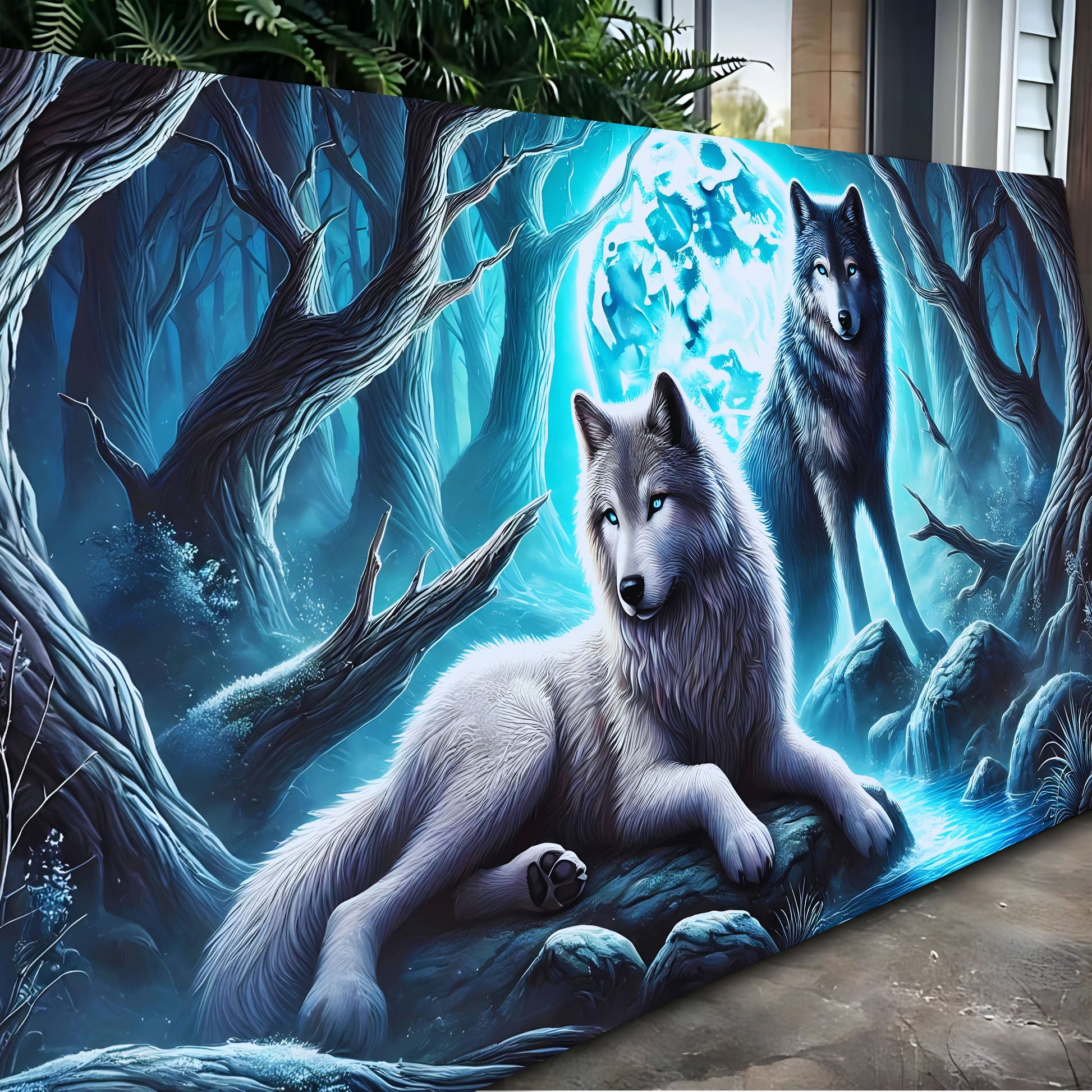 3D Wolves Wall Art canvas by Tailored Canvases, crafting canvas with blue icy forest scene on Tampa Home & Garden Store