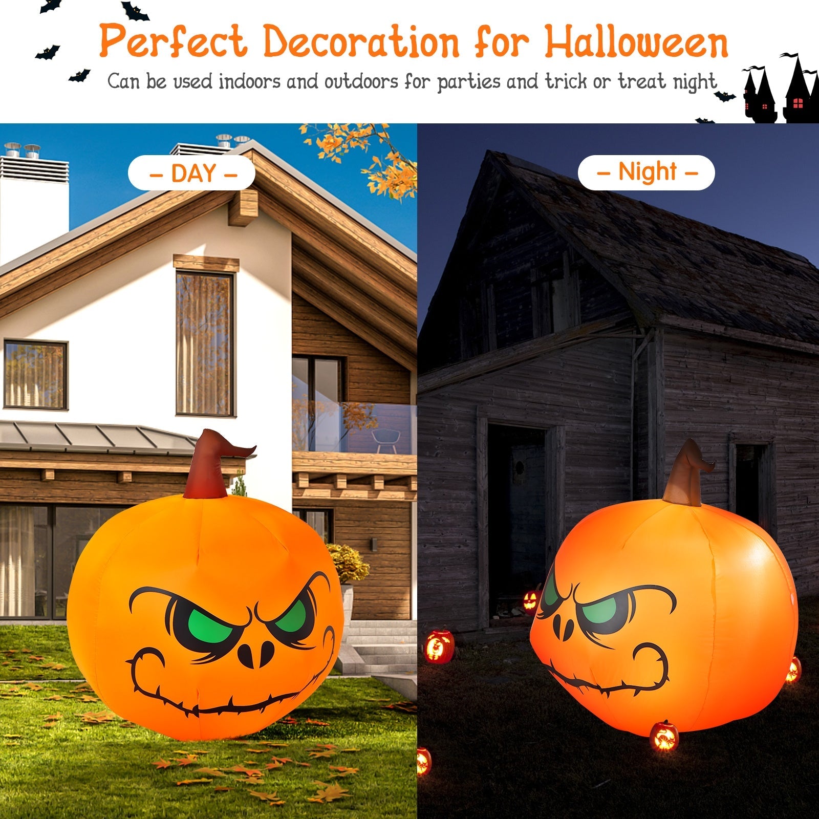Two 4 ft Halloween inflatable pumpkins with built-in LED lights in bright orange for inflatable party decorations on Tampa Home & Garden Store
