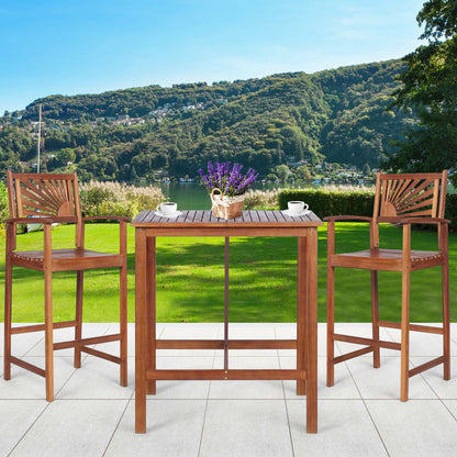 Juego de barra para patio de madera de acacia de 3 piezas con respaldo con diseño de girasol