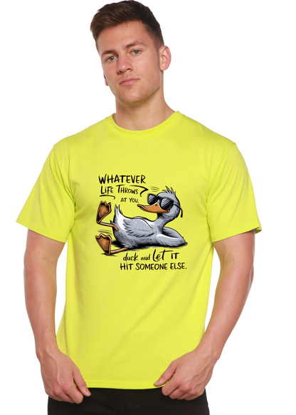 Whatever Life Throws at You unisex bamboo/cotton graphic T-shirt neon yellow with duck on Tampa Home & Garden Store