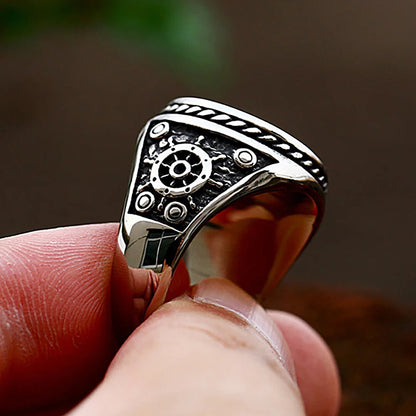 Corsair's Oath ring silver-tone band with ship-wheel motif and riveted detailing BikerZoneZ on Tampa Home & Garden Store