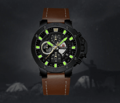 Men's casual waterproof watch with chronograph Stevvex luminous hands brown leather strap on Tampa Home & Garden Store