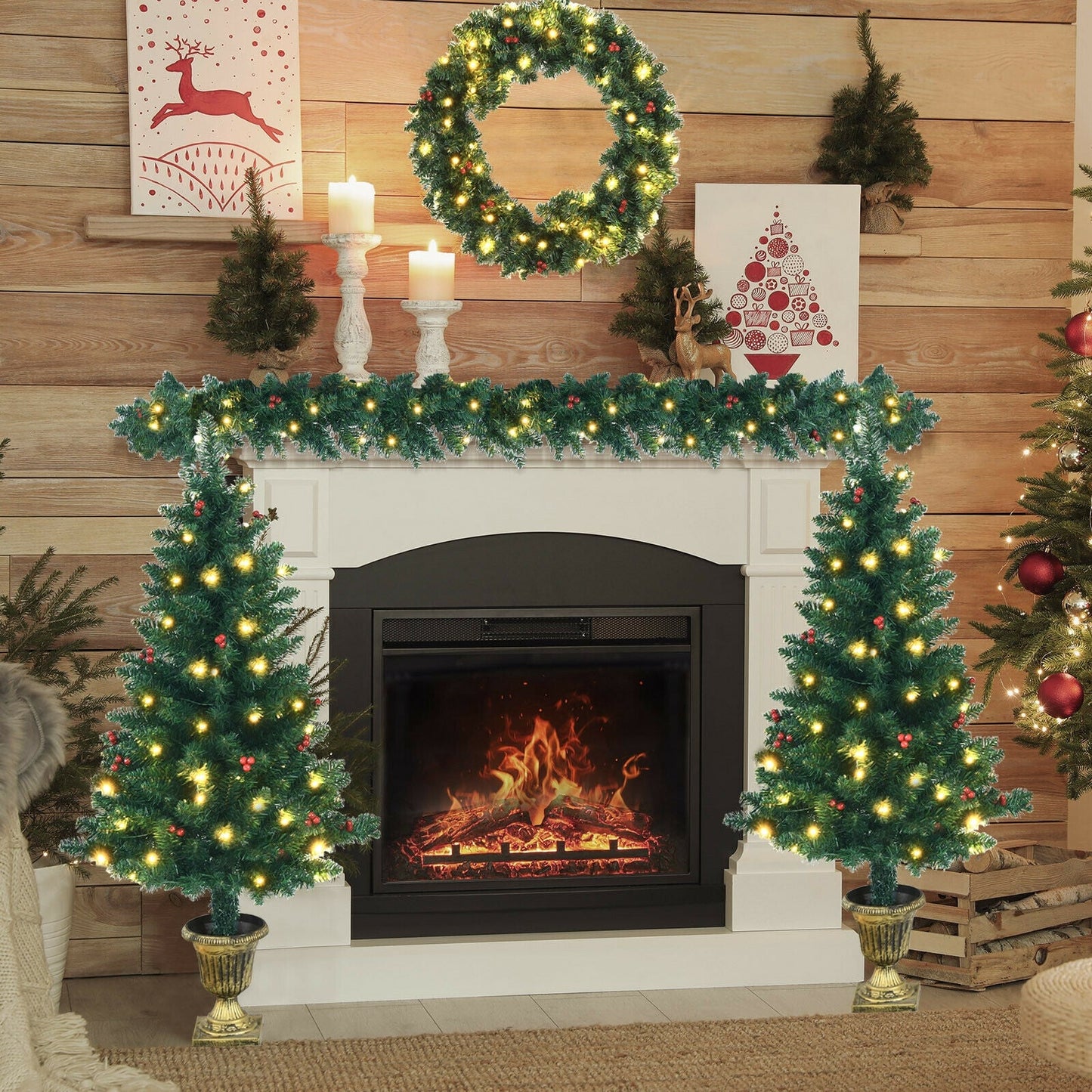 4 Piece Christmas Set with Garland Wreath and Entrance Trees, green pine garland with lights on Tampa Home & Garden Store