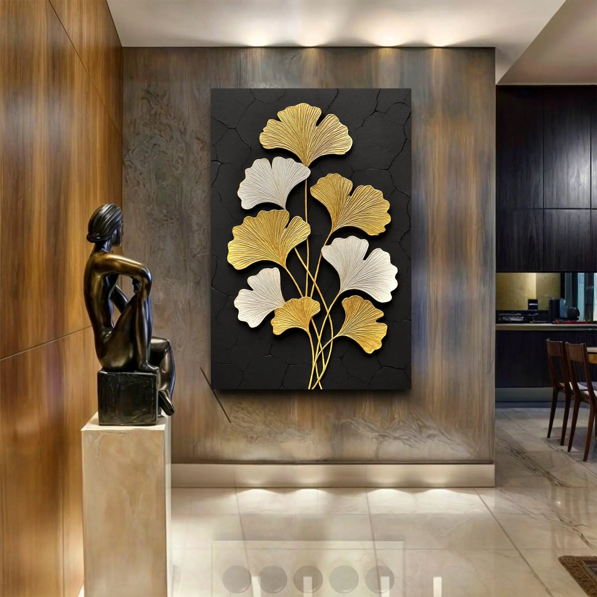 Golden Ginkgo Wall Art canvas with gold ginkgo leaves on black textured background on Tampa Home & Garden Store