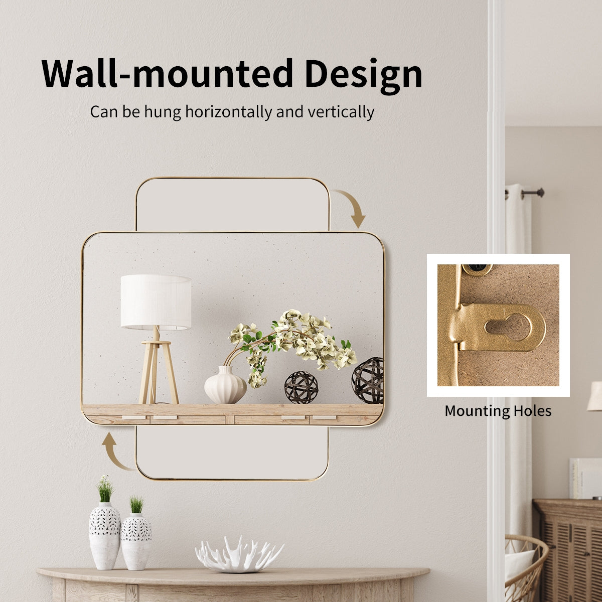 Espejo rectangular de pared con marco metálico de 32 x 20 pulgadas - Dorado