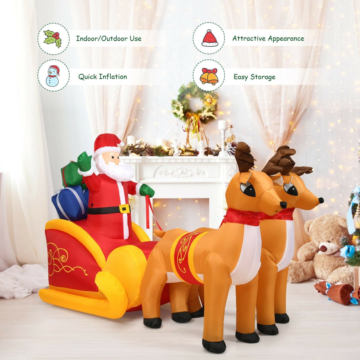 7.5 ft DirectDeals Santa inflatable with double deer and sleigh, red sleigh, brown reindeer on Tampa Home & Garden Store