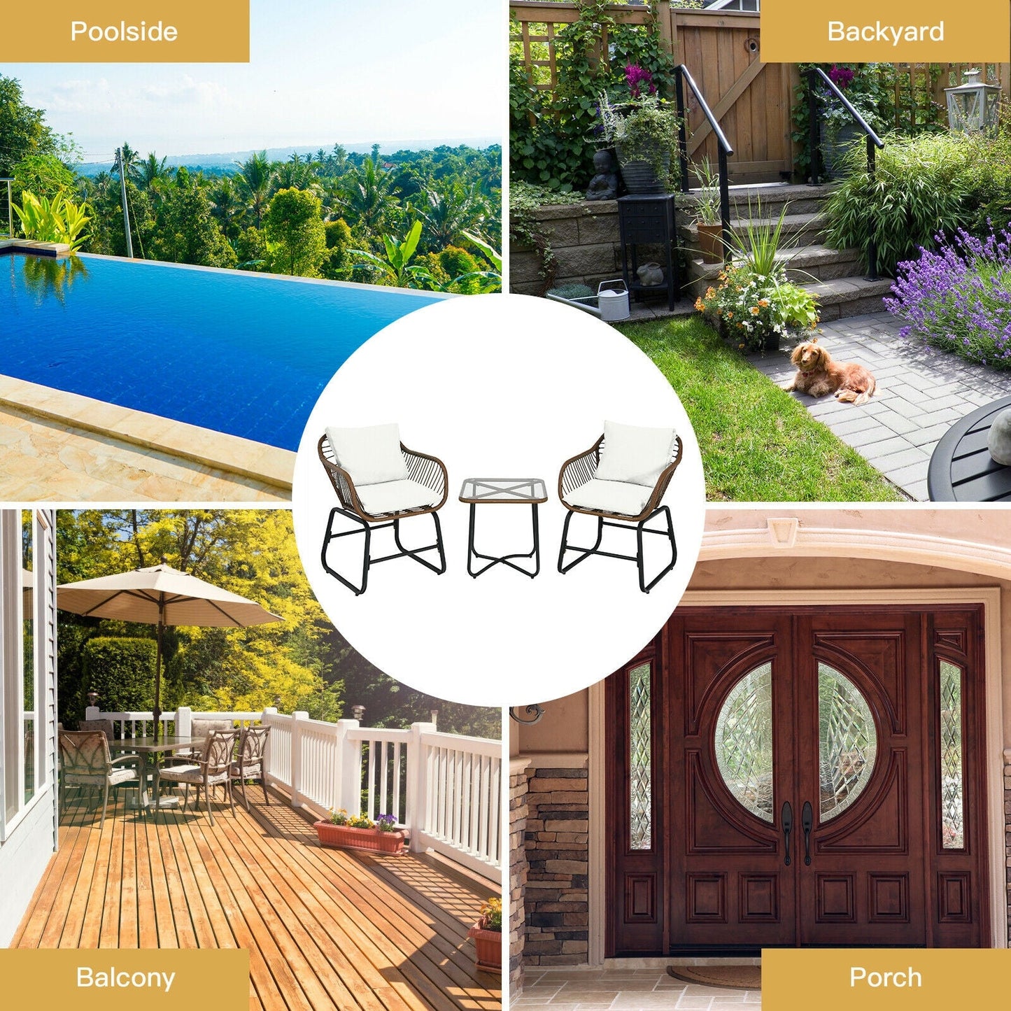Juego de bistró de ratán para patio de 3 piezas, silla acolchada, mesa de cristal, para terraza, blanco