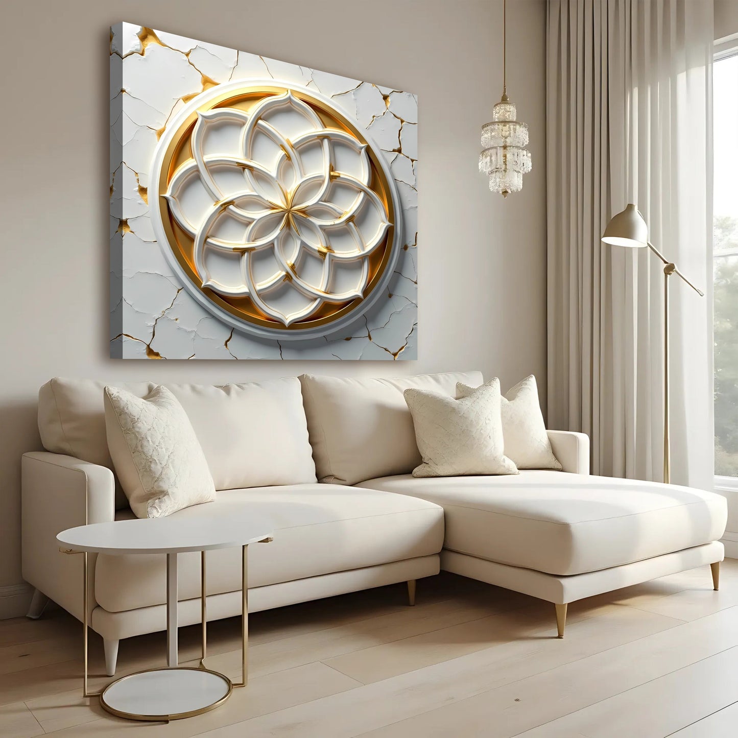 Flower Of Life canvas wall art by Tailored Canvases in white and gold geometric circle design on Tampa Home & Garden Store