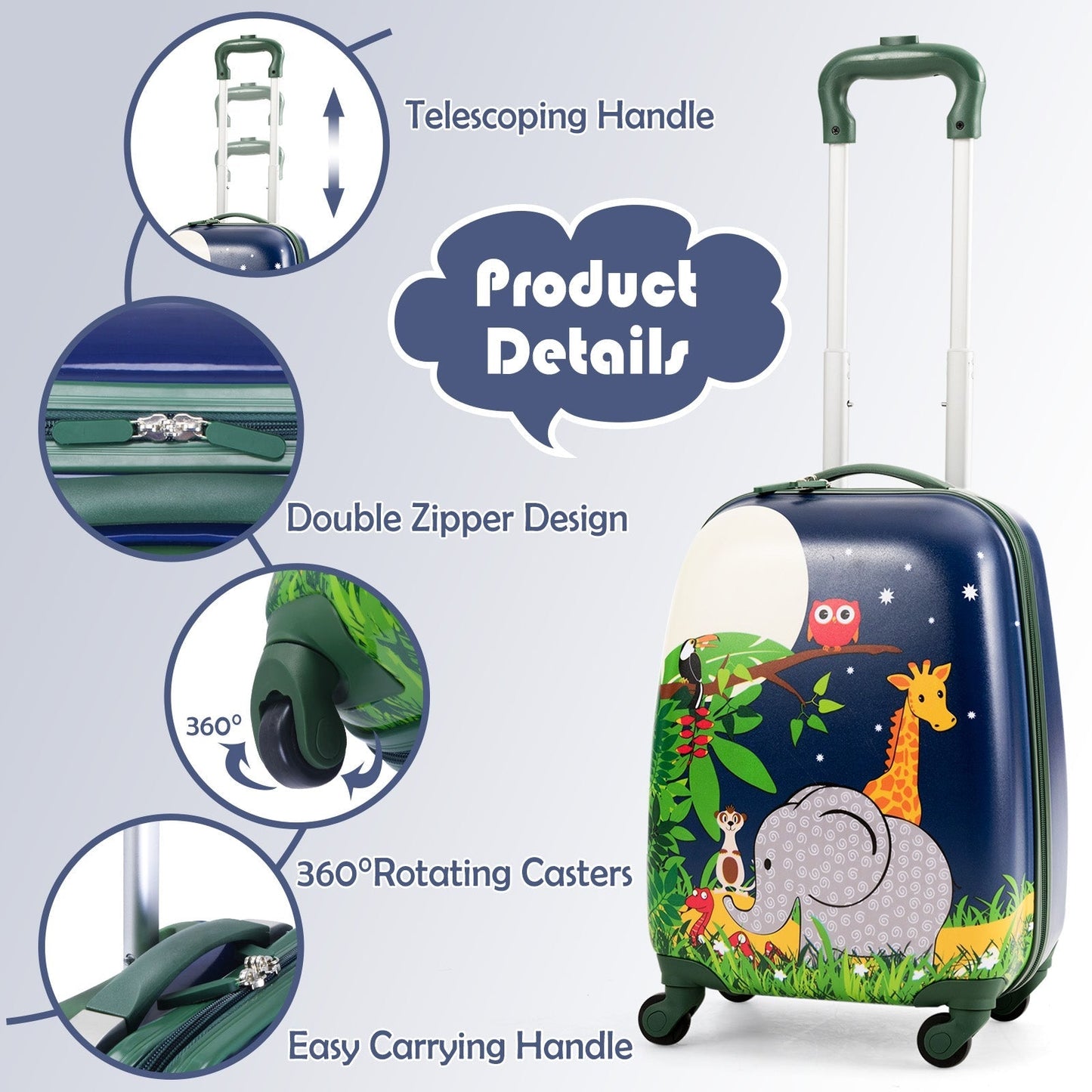 GemGear elephant kids carry-on luggage set with 12 and 16 suitcases and telescoping handle on Tampa Home & Garden Store