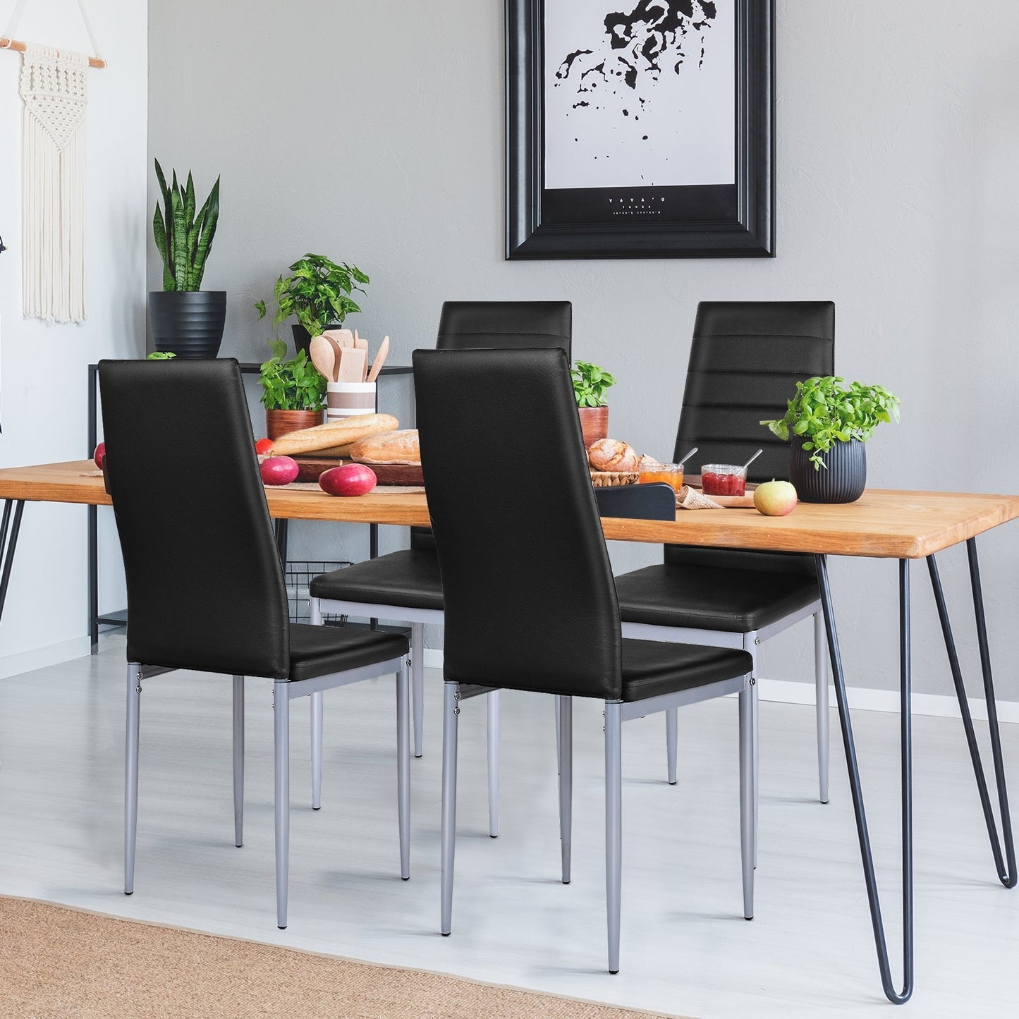 4 sillas laterales de comedor de cuero PVC de diseño elegante -Negro