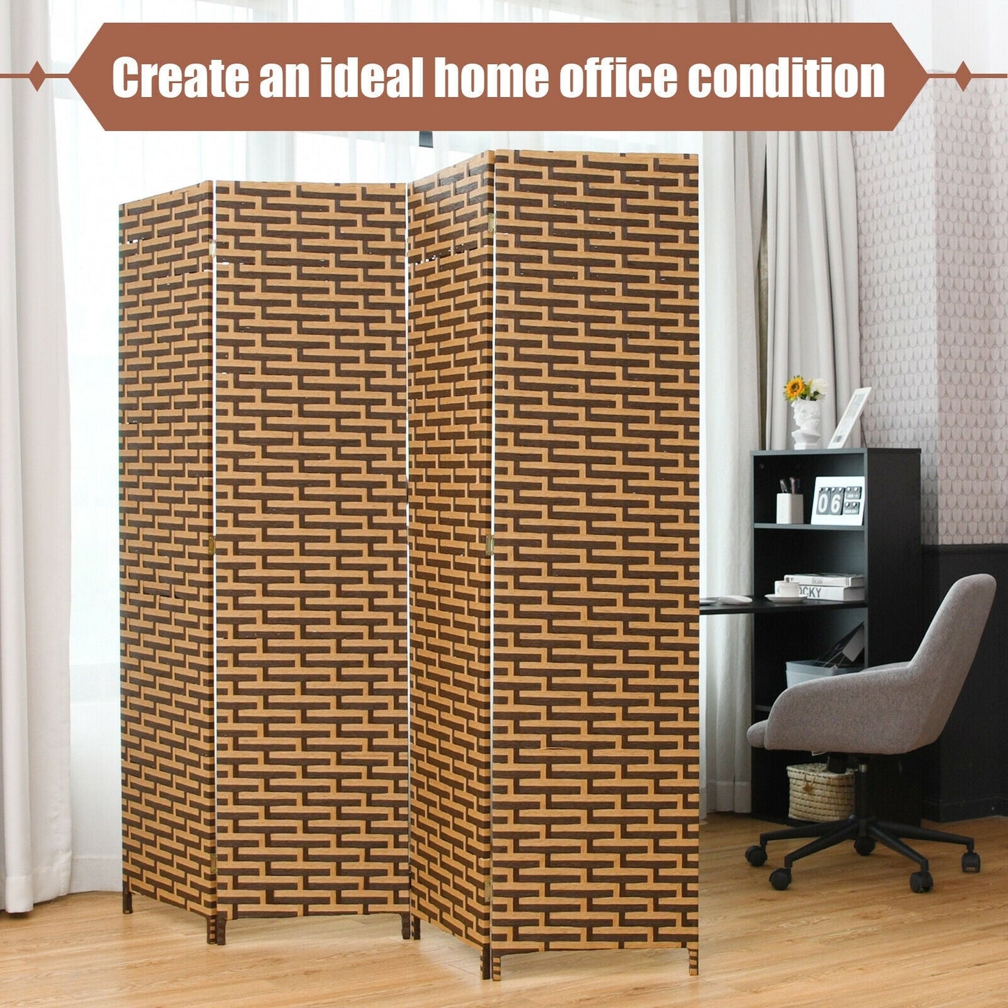 Divisor de ambiente biombo plegable de 4 paneles con bisagra inoxidable - Amarillo
