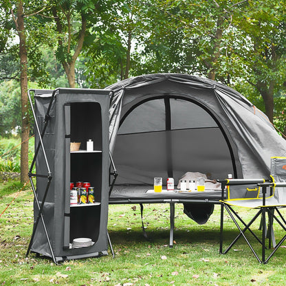 GemGear folding camping storage cabinet with 3 shelves in gray fabric and carry bag beside a tent on Tampa Home & Garden Store