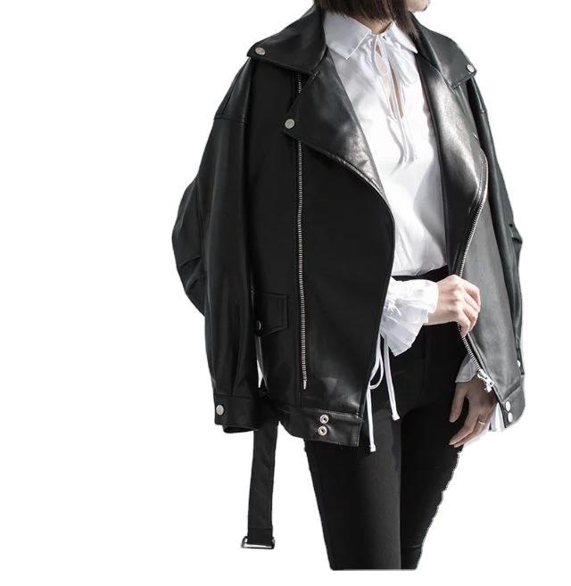 Stevvex PU faux leather jacket women black bomber with oversized fit, zip front and belt on Tampa Home & Garden Store