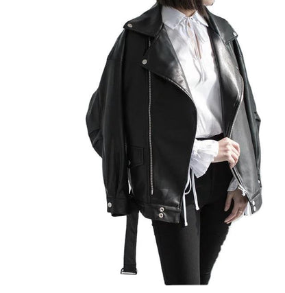 Stevvex PU faux leather jacket women black bomber with oversized fit, zip front and belt on Tampa Home & Garden Store