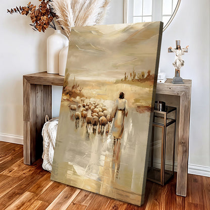 99 Faith Wall Art IV canvas by Tailored Canvases; beige scene with a woman and flock of sheep on Tampa Home & Garden Store