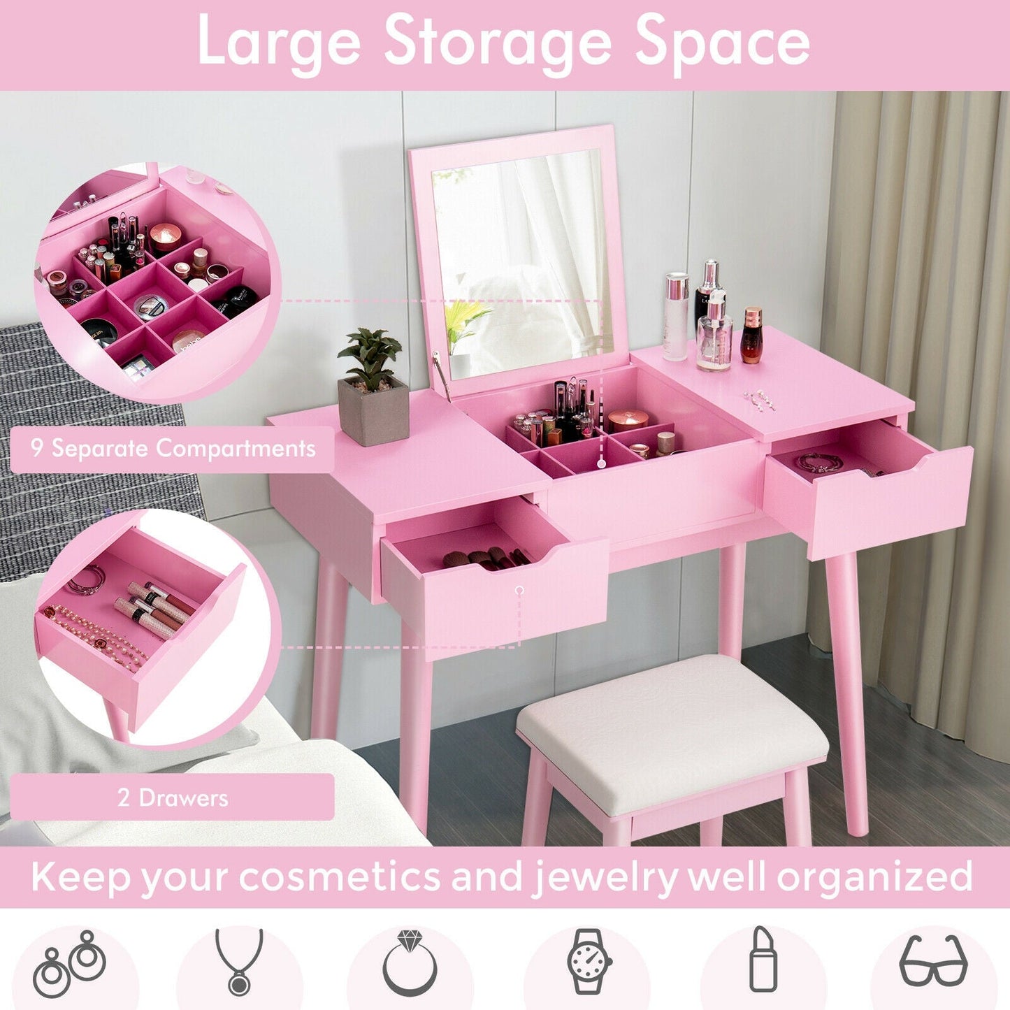 Juego de Tocador de Maquillaje con Espejo Abatible y 2 Cajones - Rosa