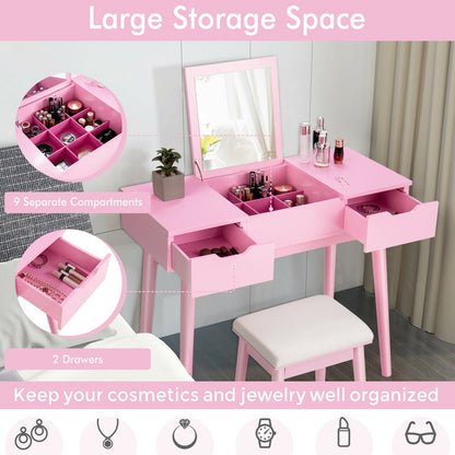 Juego de Tocador de Maquillaje con Espejo Abatible y 2 Cajones - Rosa
