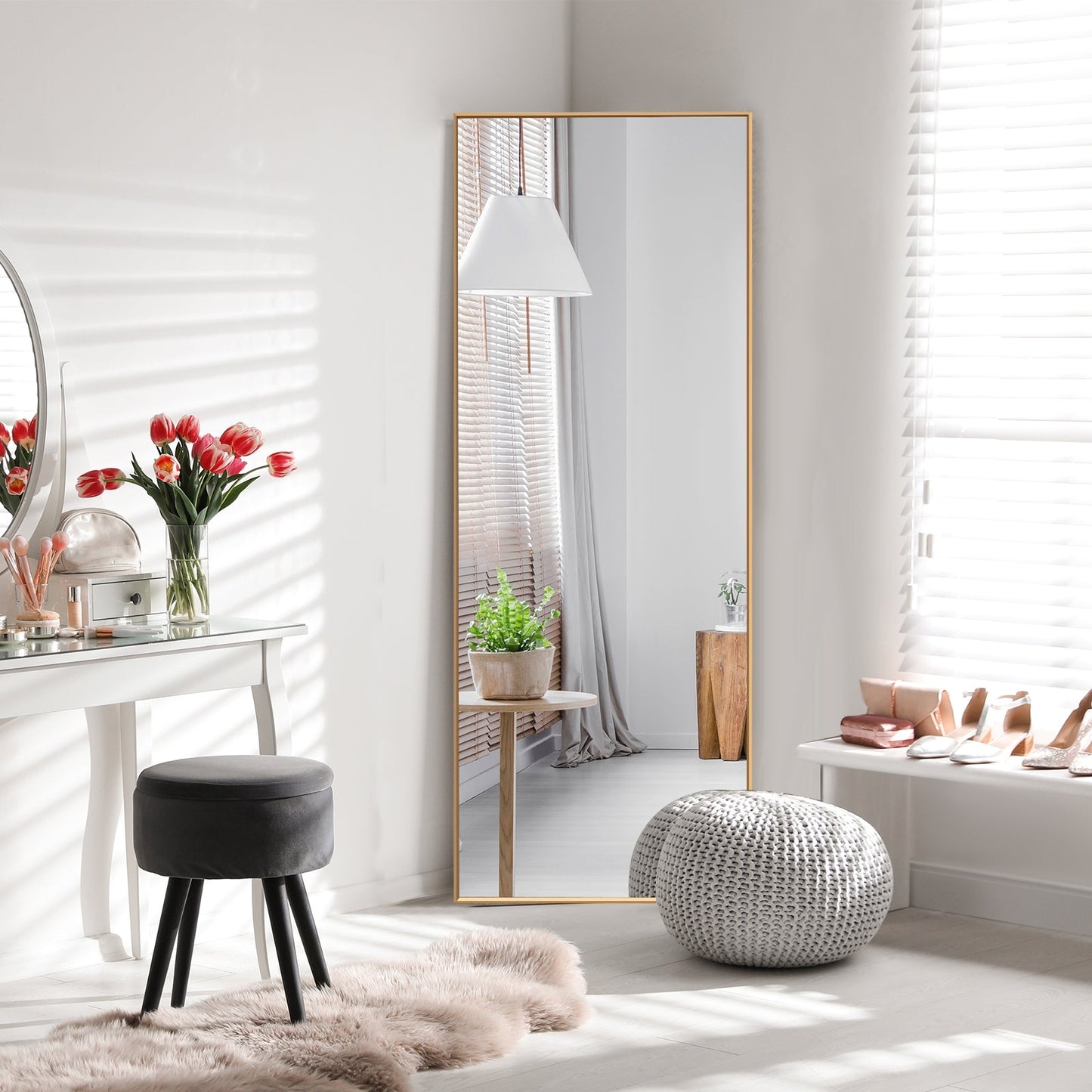 Espejo de cuerpo entero de 59 pulgadas, espejo de dormitorio rectangular grande, dorado