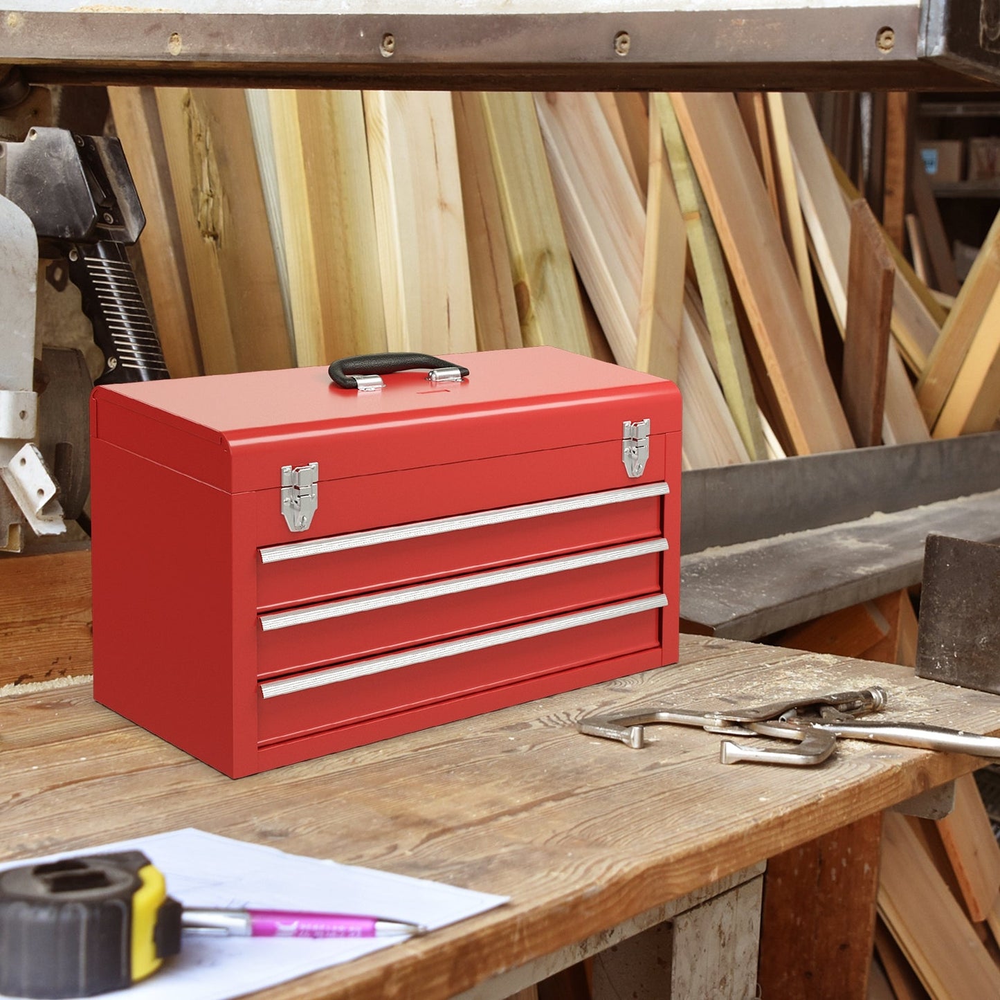 Caja de herramientas portátil para mecánico de garaje con 3 cajones - Rojo