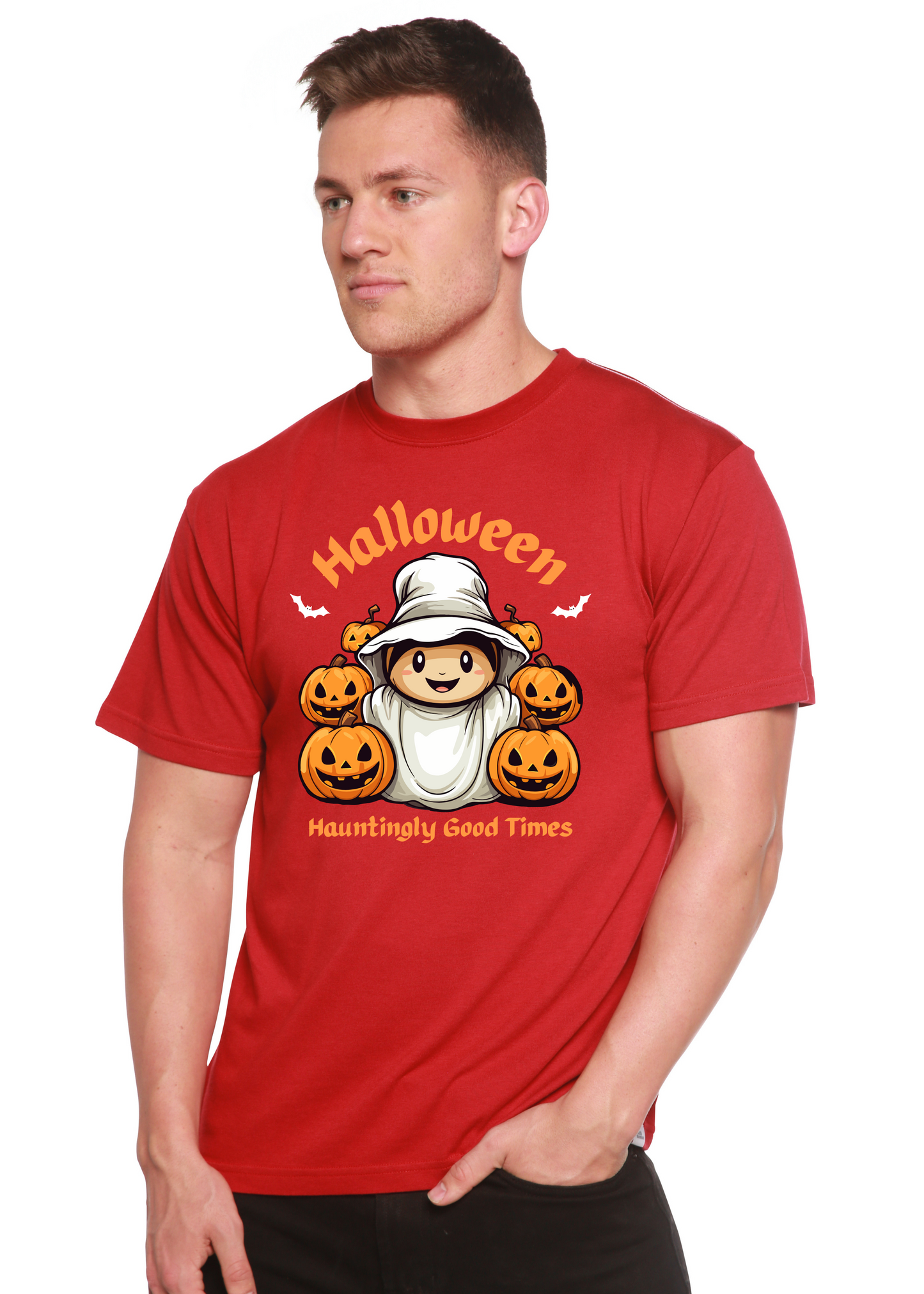 Men's red Halloween graphic short sleeve T-shirt with ghost and pumpkins by Spun Bamboo on Tampa Home & Garden Store