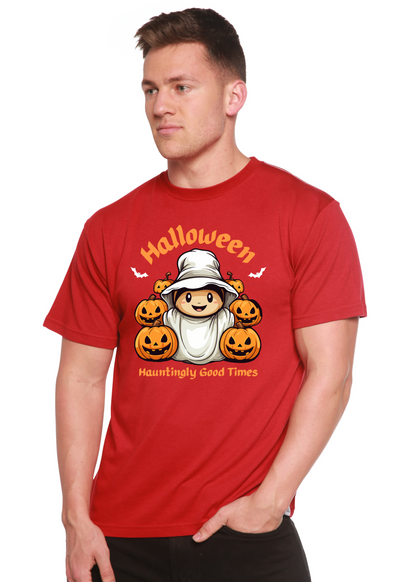 Men's red Halloween graphic short sleeve T-shirt with ghost and pumpkins by Spun Bamboo on Tampa Home & Garden Store